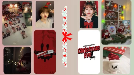 HD PC desktop wallpaper featuring Stray Kids-themed music visuals with festive Christmas elements and cozy holiday decorations.