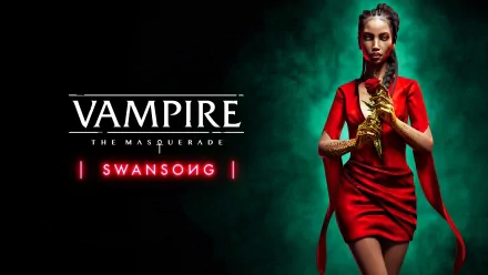 HD desktop wallpaper for Vampire: The Masquerade - Swansong featuring a woman in a striking red dress holding a golden snake, set against a dark green background.