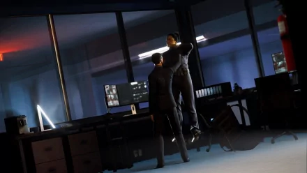 HD desktop wallpaper from Vampire: The Masquerade - Swansong featuring two characters in a dramatic office scene.