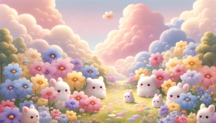 Cute aesthetic HD desktop wallpaper featuring a whimsical scene with fluffy cartoon bunnies among colorful flowers under a dreamy, cloud-filled sky.