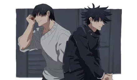 HD PC desktop wallpaper of Toji Fushiguro and Megumi Fushiguro from the anime Jujutsu Kaisen, featuring a dark, moody background with both characters seated back-to-back.