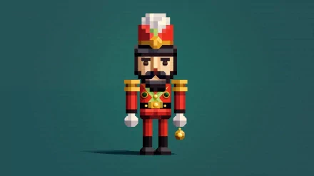 A pixel art nutcracker stands in vibrant red and gold attire against a teal background, capturing the festive spirit of Christmas and the holiday season.