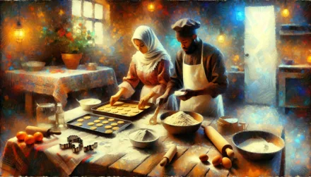 Warm and inviting HD wallpaper featuring two people baking cookies together in a cozy, rustic kitchen, illuminated by soft, ambient light.