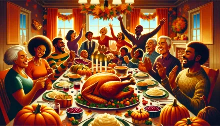 HD wallpaper of a joyful Thanksgiving dinner with family and friends gathered around a table with roasted turkey and autumn decorations.