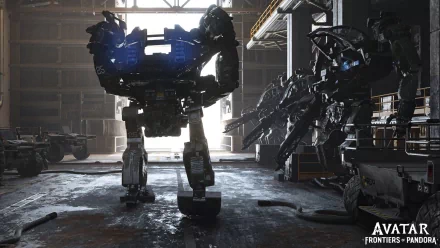 HD wallpaper of Avatar: Frontiers of Pandora featuring mechanized suits in a hangar.