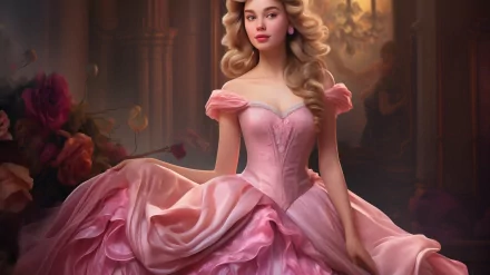 HD desktop wallpaper featuring a Disney princess in a pink dress with an elegant background.
