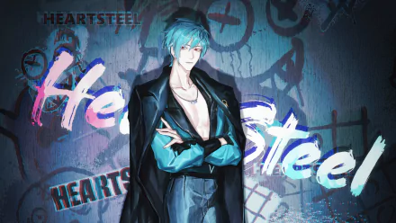 HD wallpaper featuring Aphelios from League of Legends in a Heartsteel theme, showcasing his striking blue hair and confident pose against a dynamic background.