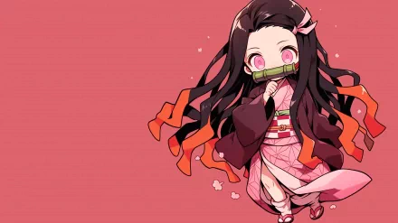 HD wallpaper of Nezuko Kamado from Demon Slayer: Kimetsu no Yaiba, with pink background for desktop.