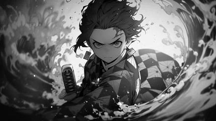 HD wallpaper of Tanjiro Kamado from Demon Slayer: Kimetsu no Yaiba, in a dynamic monochrome illustration with swirling water effects.