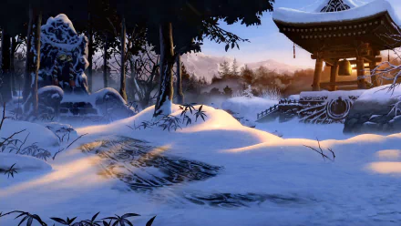 HD wallpaper of a snowy landscape from Granblue Fantasy Versus: Rising, featuring traditional architecture and serene sunset.