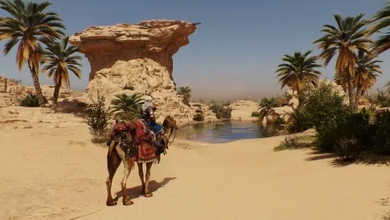 HD PC desktop wallpaper from Assassin's Creed Mirage featuring a desert scene with a camel, palm trees, and a rocky formation in the background.