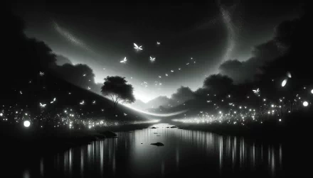 HD desktop wallpaper of a mystical night scene with glowing fireflies over a tranquil lake.