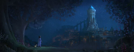 HD wallpaper of a magical animated scene from the 2023 movie Wish, featuring a character looking at a twinkling fairy-tale castle at night.