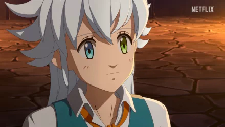 HD wallpaper from The Seven Deadly Sins: Grudge of Edinburgh, featuring a character with distinctive white hair and mismatched eyes, set against a dramatic landscape.