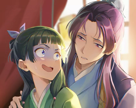 HD anime desktop wallpaper featuring Maomao and Jinshi from The Apothecary Diaries in a warmly lit, detailed scene.