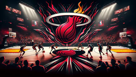HD desktop wallpaper featuring a stylized Miami Heat basketball court with players in action and the team's flaming basketball logo at the center.