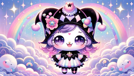 HD desktop wallpaper featuring Kuromi from Hello Kitty, with a whimsical pastel background with clouds, stars, and rainbows.