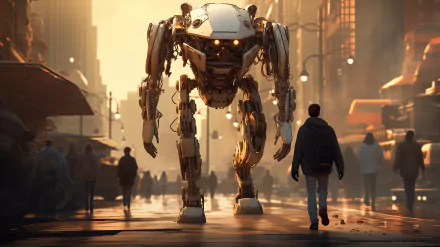 A striking HD wallpaper featuring a towering mecha robot in an urban setting, with a figure walking towards it amidst bustling city life. Captivating and futuristic atmosphere.