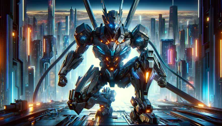 HD wallpaper of a towering mecha robot standing in a futuristic cityscape for desktop background.