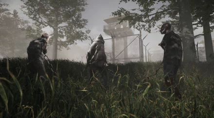 HD wallpaper from The Walking Dead: Destinies, featuring ominous characters in a misty landscape, with a distant security tower surrounded by tall grass and trees.