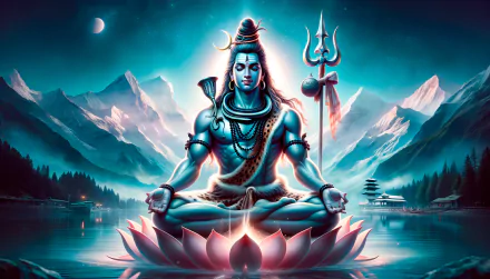 A stunning HD wallpaper featuring Lord Shiva, depicted in a serene pose on a lotus. Majestic mountains and a tranquil lake create a peaceful backdrop, embodying the essence of Mahadev.