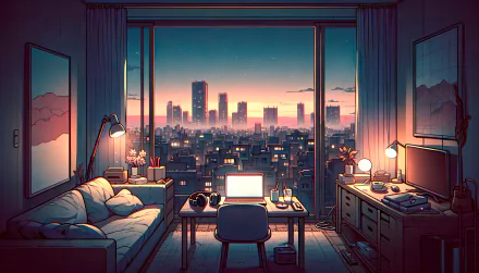 A cozy anime room filled with soft lighting, a desk with a computer, and a stunning cityscape view at sunset, creating a calming lofi atmosphere. HD desktop wallpaper.