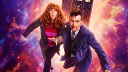 Doctor Who HD desktop wallpaper featuring two characters running with a cosmic galaxy background and the iconic TARDIS.