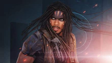 HD wallpaper featuring a character resembling Ray Fisher in Rebel Moon movie with futuristic background for desktop.