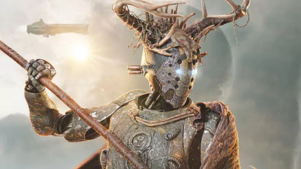 HD wallpaper of a fantasy warrior with elaborate armor and a staff, concept art for the movie Rebel Moon, featuring a sunlit sky background.