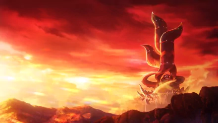 A stunning HD desktop wallpaper from Dragon Ball DAIMA, featuring a vibrant sunset over a dramatic landscape with towering, serpent-like structures against a fiery sky.
