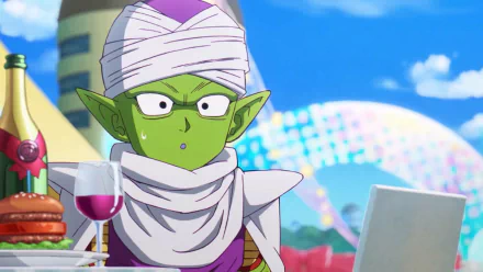 A vibrant HD wallpaper featuring Piccolo from Dragon Ball DAIMA, sitting at a table with a drink and snacks, set against a colorful backdrop.