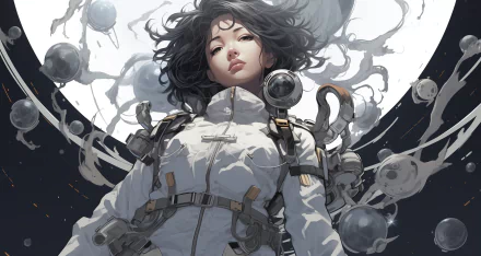 A cyberpunk-inspired AI art illustration of a female astronaut floating in space, portrayed in high detail as an HD PC desktop wallpaper background.