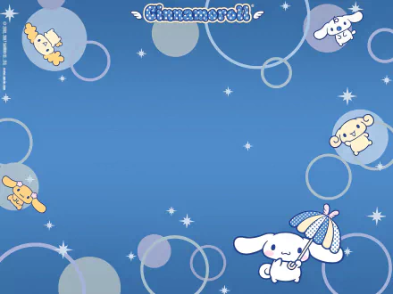 HD Anime Cinnamoroll desktop wallpaper featuring the adorable white puppy character with blue background and decorative bubbles and stars.