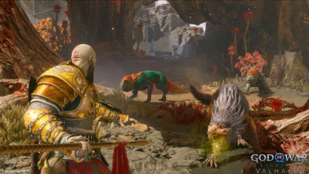 HD wallpaper of God of War: Ragnarök featuring the protagonist in battle armor observing mystical creatures in a detailed Norse mythological setting.