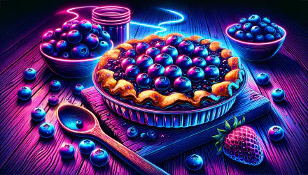 A vibrant HD wallpaper featuring a blueberry pie surrounded by fresh blueberries and a strawberry, all set against a glowing, colorful background.