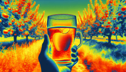HD wallpaper of a vibrant thermal-imaging view of a hand holding a glass of cider with apple trees in the background.