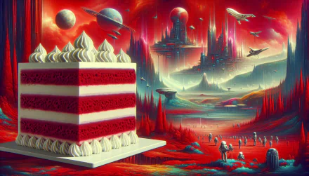 HD wallpaper of a red velvet cake with a whimsical sci-fi cityscape background for desktop.