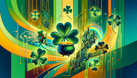 Vibrant St. Patrick's Day themed HD desktop wallpaper featuring stylized shamrocks, a pot of gold, and festive green and gold hues.