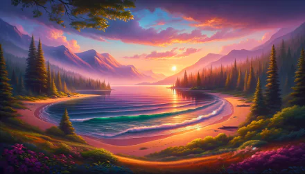 A serene landscape at sunset, featuring a tranquil beach surrounded by lush mountains and gentle waves, creating a sense of relaxation in this HD desktop wallpaper.