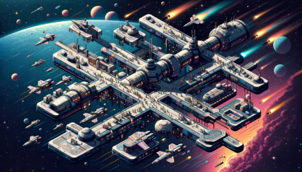 HD desktop wallpaper featuring an artistically imagined space station with spacecrafts orbiting in a vibrant cosmic setting, tagged with space travel.