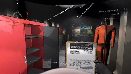 HD desktop wallpaper featuring an in-game scene from Lethal Company, showing a service manual on a clipboard with a well-lit, detailed gaming environment.