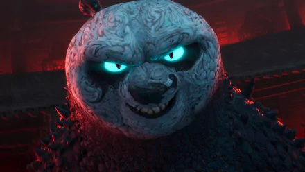 HD desktop wallpaper featuring a character from Kung Fu Panda 4 movie with a menacing expression and glowing blue eyes.