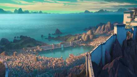 HD wallpaper of Kung Fu Panda 4 featuring an animated panoramic view of a mythical city with mountains and the ocean in the background.