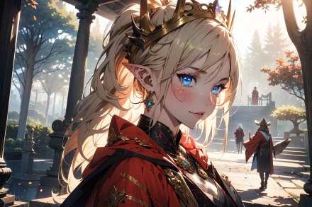 Anime-style HD desktop wallpaper featuring a princess with blue eyes and a crown, set against a sunlit forest background with hints of flame and dragon motifs.
