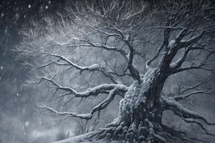 HD PC desktop wallpaper depicting a snowy winter scene with a large, ancient tree covered in snow, created as AI art showcasing nature’s quiet beauty.