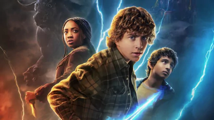 HD desktop wallpaper featuring characters from the TV show Percy Jackson and the Olympians, showcasing dynamic action and a mystical backdrop with lightning.