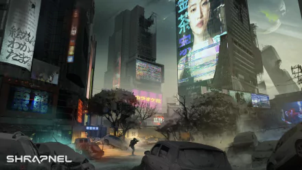 HD wallpaper featuring a dystopian cityscape from the video game Shrapnel with neon signage and abandoned vehicles.