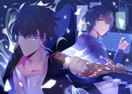 HD PC desktop wallpaper featuring Sung Jin-Woo from the anime Solo Leveling, depicted with intense blue tones and dynamic lighting effects.