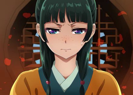 Anime-style 4K Ultra HD wallpaper featuring Maomao from The Apothecary Diaries with a serious expression against a traditional interior background.