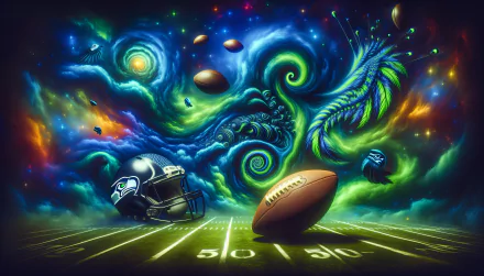 Seattle Seahawks themed HD desktop wallpaper featuring a cosmic background with swirling galaxies, football helmet, and ball on a field.